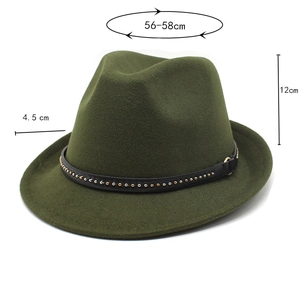 Dark green wool fedora with gold-studded black belt showing dimensions 56-58cm circumference
