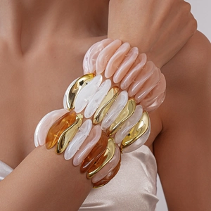 Detail of multi-layer acrylic cuff bracelet with gold and amber resin elements