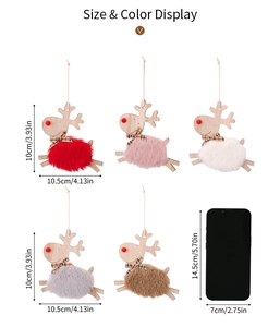 Size comparison of wooden reindeer ornaments with faux fur detail and scale reference