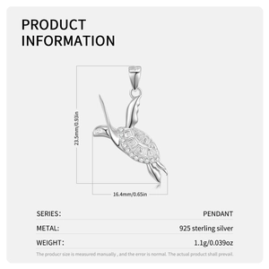 S925 sterling silver sea turtle pendant with white zircon inlays and detailed measurements