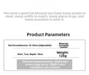 Detailed size chart for the crocodile leather baseball cap with adjustable measurements