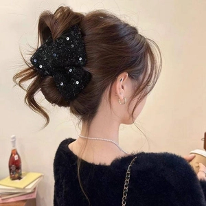 Pince à cheveux élégante à nœud pailleté noir, accessoire triangle en acrylique pour femme