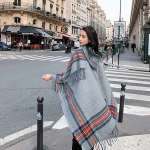 Women Hooded Poncho Shawl Vintage Striped Plaid Pattern Tassels Open Front Warm Imitation Cashmere Winter Cape Coat