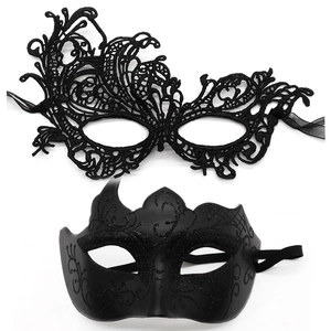 Black lace masquerade mask and glittery half face phoenix eye mask set for parties