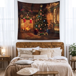 Detailed view of Christmas tapestry showing cozy cabin interior with tree and fireplace