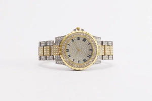 Detailed macro view of luxury silver and gold watch with crystal encrusted roman numerals