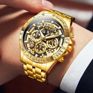 Men Luxury Business Quartz Watch Gold Alloy Case Stainless Steel Band Waterproof Calendar Chronograph Skeleton Men Wristwatch
