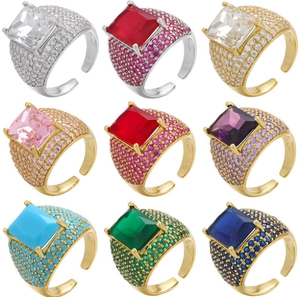 Square Zircon Copper Ring Iced Out Micro Pave Large Rhinestone Adjustable Hip Hop Exaggerated Jewelry For Men Women