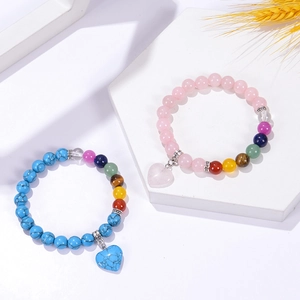 8mm natural pink crystal and blue stone chakra bracelets with heart stone pendants