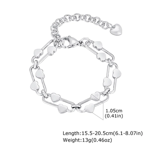 Silver stainless steel heart link chain bracelet with lobster clasp and adjustable length