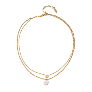 Double-layered gold stainless steel necklace with round zircon and pearl pendants
