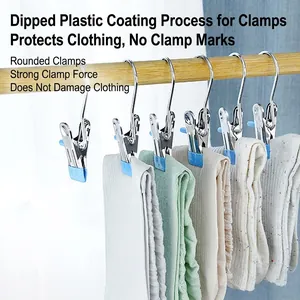 Stainless steel hook clips with blue anti-slip PVC coating for laundry and scarf storage