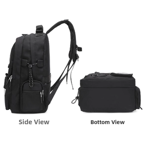 Side and bottom detail of a black high-capacity nylon backpack with functional pockets
