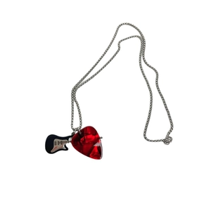 Hip hop guitar pick necklace with red heart pendant and silver chain for women