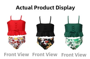 Front view of girls' three-piece bikini sets with ruffle tops and floral print bottoms