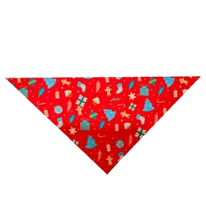 Red Christmas pet triangle scarf with holiday patterns like gingerbread men and trees
