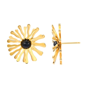 Boucles d'oreilles vintage dorées avec pierre noire, vues de face et de côté