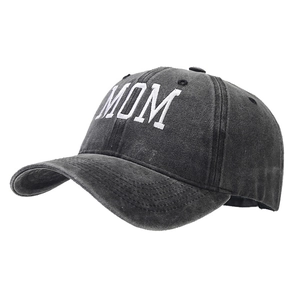 Vintage washed black cotton baseball cap with white MOM embroidery and curved brim