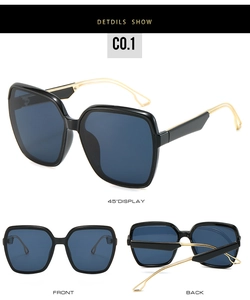 Detailed views of square oversized sunglasses with black frame and gold metal temples
