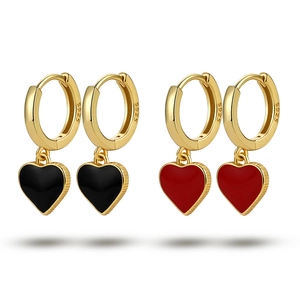 925 sterling silver heart-shaped hoop earrings with red and black enamel finish
