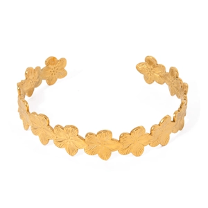 Minimalist gold stainless steel rib flower open bangle bracelet for women in retro design