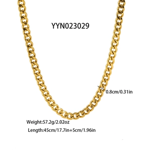 Detailed specs of 18K gold plated Cuban link necklace showing 45cm length and weight