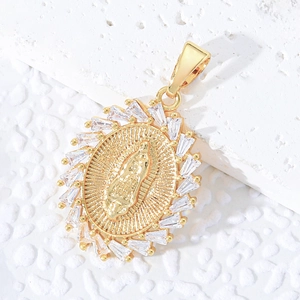 Gold Virgin Mary pendant with baguette zircon halo on white stone background