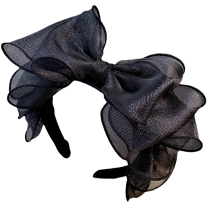 French vintage black mesh bow headband with tiered gauze design and wide frame