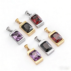 Detail view showing six geometric rectangular gemstone pendants in gold and silver finish