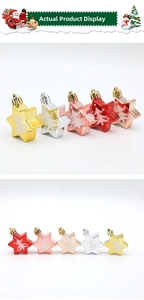 Set of five star-shaped Christmas ornaments with metallic plating and white tree pattern