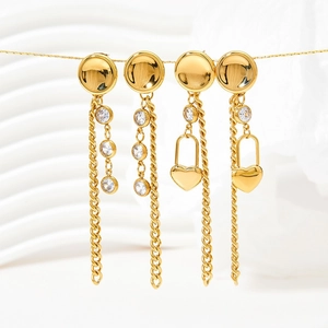 Stainless Steel Heart Lock Tassel Drop Earrings With Cubic Zirconia Long Chain Minimalist Dangle Jewelry For Women