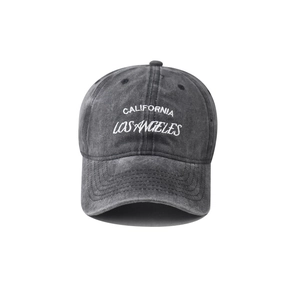 Charcoal grey washed cotton baseball cap with white California Los Angeles embroidery
