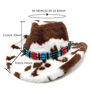 Brown cow print plush cowboy hat with colorful beads, size 56-58cm for travel