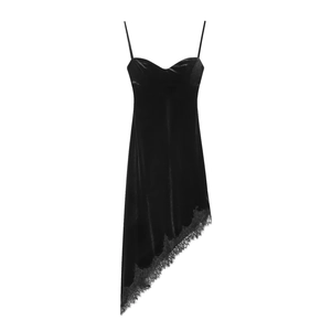 Robe Midi Sexy En Velours Et Dentelle Pour Femmes Bretelles Spaghetti Dos Nu Ourlet Asymétrique