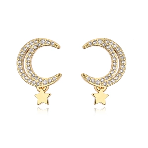 Detailed view of 18K gold plated moon stud earrings with pavé set cubic zirconia