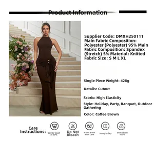 Detail view of coffee brown halter maxi dress with knit texture and side waist ruching