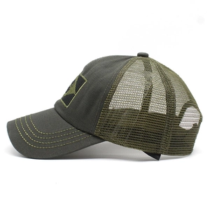 Army green mesh trucker hat with breathable panels and tactical patch detail