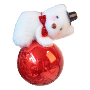 Christmas plush bear hanging ornament with red glitter bow and shiny red bauble
