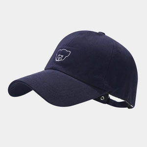 Detail of navy blue ponytail cap with bear embroidery and adjustable back buckle