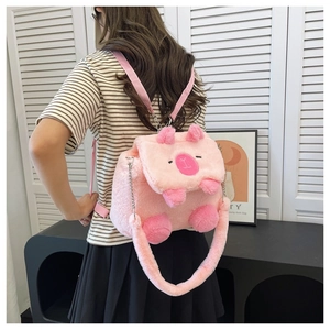Pink plush alpaca backpack showing model back view and soft long faux fur texture