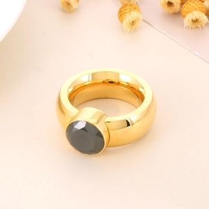 Detailed view of luxury gold titanium ring featuring a faceted black round zircon stone