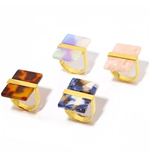 Retro Stainless Steel Gold Plated Ring Rectangular Marble Pattern Resin Inlay U Shaped Vintage Fashion Jewelry For Women