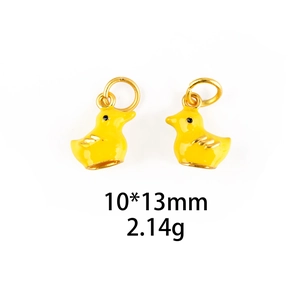 Detail view of yellow duck pendant with gold hooks showing 10x13mm size and 2.14g weight