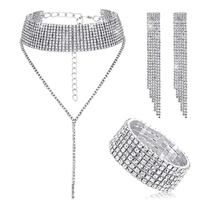 Silver bridal jewelry set with sparkling rhinestone choker necklace, fringe earrings and cuff