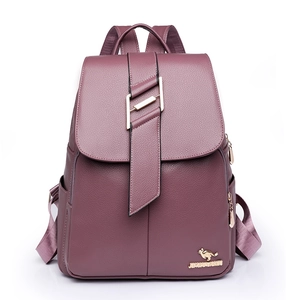 Chic purple faux leather backpack for women with gold kangaroo logo and flap closure