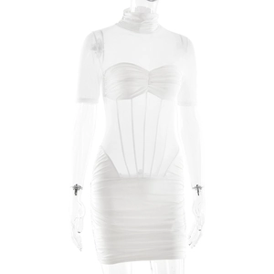 Detail of white mock neck short sleeve dress with mesh bodice and ruched skirt