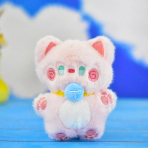 Detailed view of a cute pink plush kitten pendant featuring blue ball and embroidery