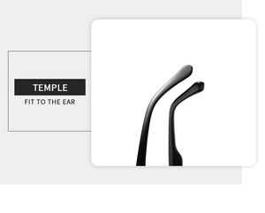 Close-up of ergonomic black glasses temple design showing comfortable fit to the ear
