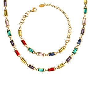 French retro gold jewelry set with colorful zircon rectangular gemstones for women