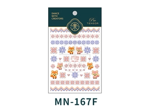 Macro detail of pixel art nail stickers with fox and snowflake patterns on a white background